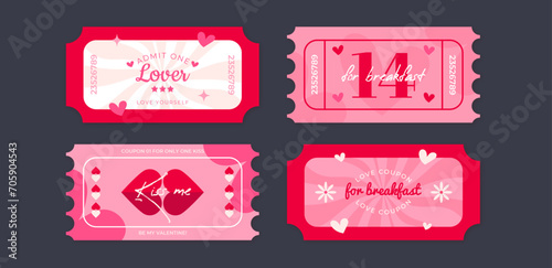 Valentines day love coupons. Retro vintage card for 14 february celebration. Vector retro coupon for Valentine party. Love wins, love is in the air and be my valentine concepts. Admit One Ticket.