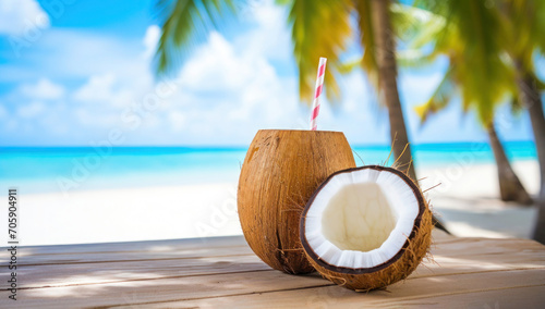 Coconut milk in fresh coconut on wooden tabletop on background blurred beach ocean and palm trees