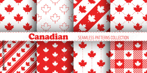 Canadian vector seamless patterns collection. Red maple leaves and stripes on white background. Best for textile, wallpapers, wrapping paper, package and festive decoration.
