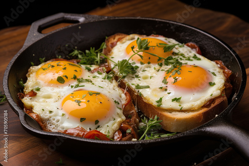 Fried eggs with bread and herbs in pan on wooden background