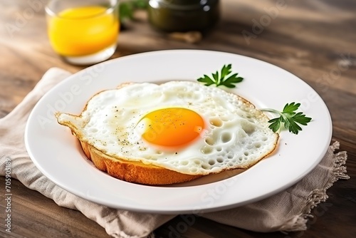 Fried eggs with herbs in plate on wooden background