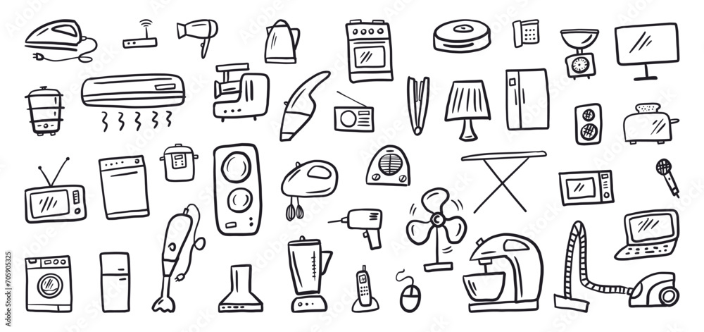 Vector collection of household appliances and electrical appliances for the home hand-drawn in doodle style