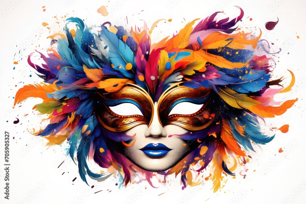 Realistic feather brazilian carnival mask, Colorful confetti, brazilian festival festa junina concept design background