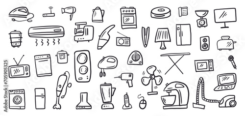 Vector collection of household appliances and electrical appliances for the home hand-drawn in doodle style