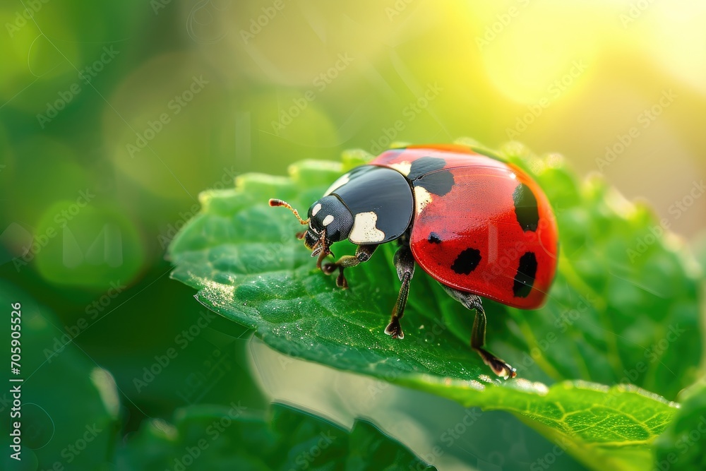 Obraz premium Ladybug on a green leaf with sunlight. Macro photography with blurred background. Nature harmony concept. Design for banner, poster, wallpaper with copy space. Springtime composition