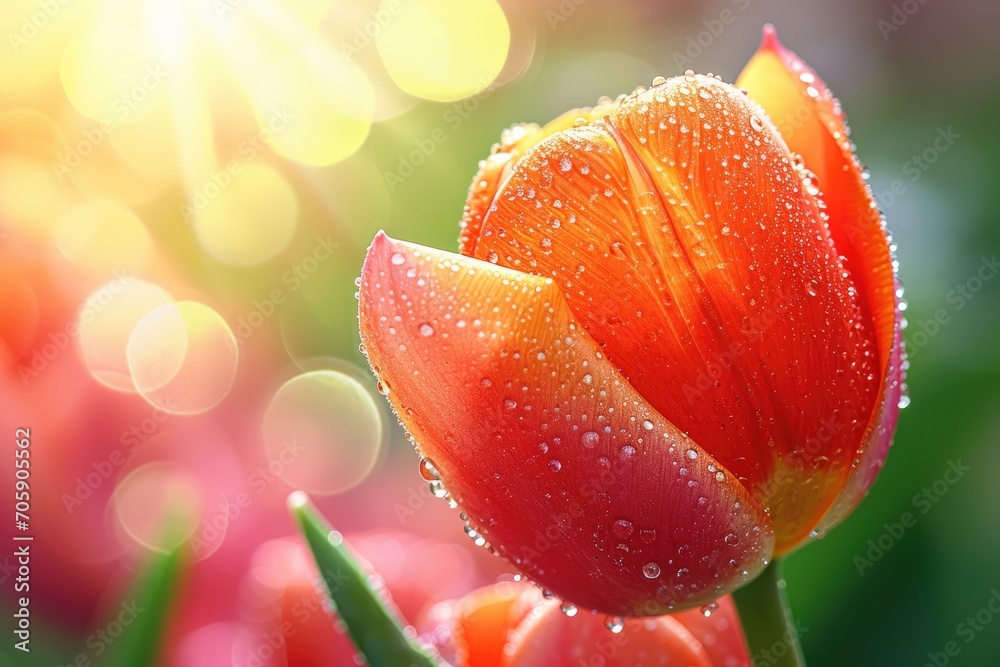 Orange tulip with morning dew and sunlight flare. Macro photography. Spring freshness concept. Design for greeting card, invitation, poster. Springtime floral beauty Orange tulip with morning dew and sunlight flare. Macro photography. Spring freshness concept. Design for greeting card, invitation, poster. Springtime floral beauty