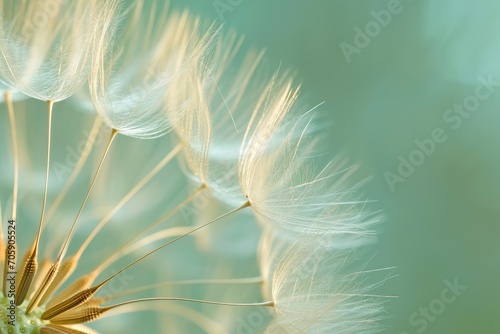 Dandelion seeds detaching on a teal background. Macro shot with copy space. Nature and growth concept. Design for poster, banner, wallpaper. Spring flower. Springtime beauty