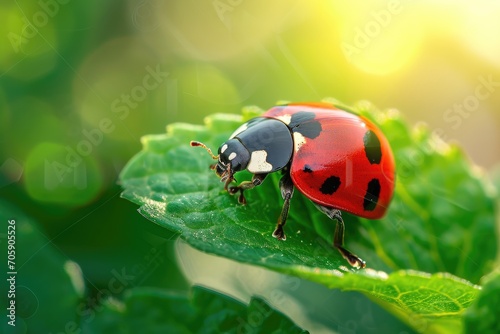 Ladybug on a green leaf with sunlight. Macro photography with blurred background. Nature harmony concept. Design for banner, poster, wallpaper with copy space. Springtime composition