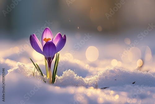 Purple crocus emerging through snow in early spring. Macro photography. Resilience and renewal concept. Design for greeting card, poster, wallpaper with copy space. Springtime beauty © dreamdes