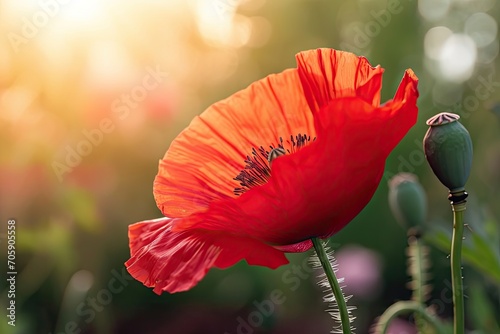 Red poppy flower in bloom with sunlight backlight. Macro photography. Remembrance and peace concept. Design for spring greeting card, poster, wallpaper. Springtime neauty photo
