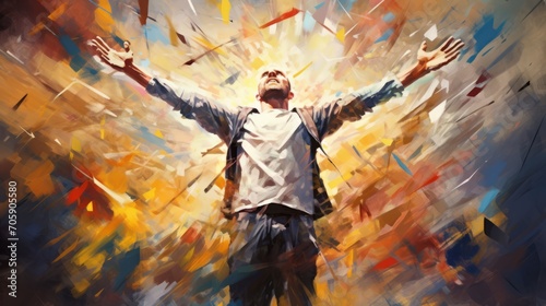 Joyful worship and praise: man raising hands in ecstasy, vibrant pastel illustration - inspirational spiritual wall art photo