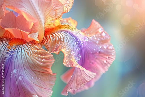 Close-up of dew-kissed iris petals in soft morning light. Macro photography. Dew and light concept. Design for greeting card, invitation, wallpaper. Bokeh background. Spring beauty