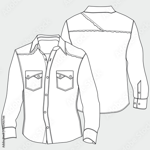 Technical fashion illustration of classic t-shirts with long sleeves with cuffed sleeves, front button fastening, narrow flap pocket, Flat template front gray color. Men women unisex.
