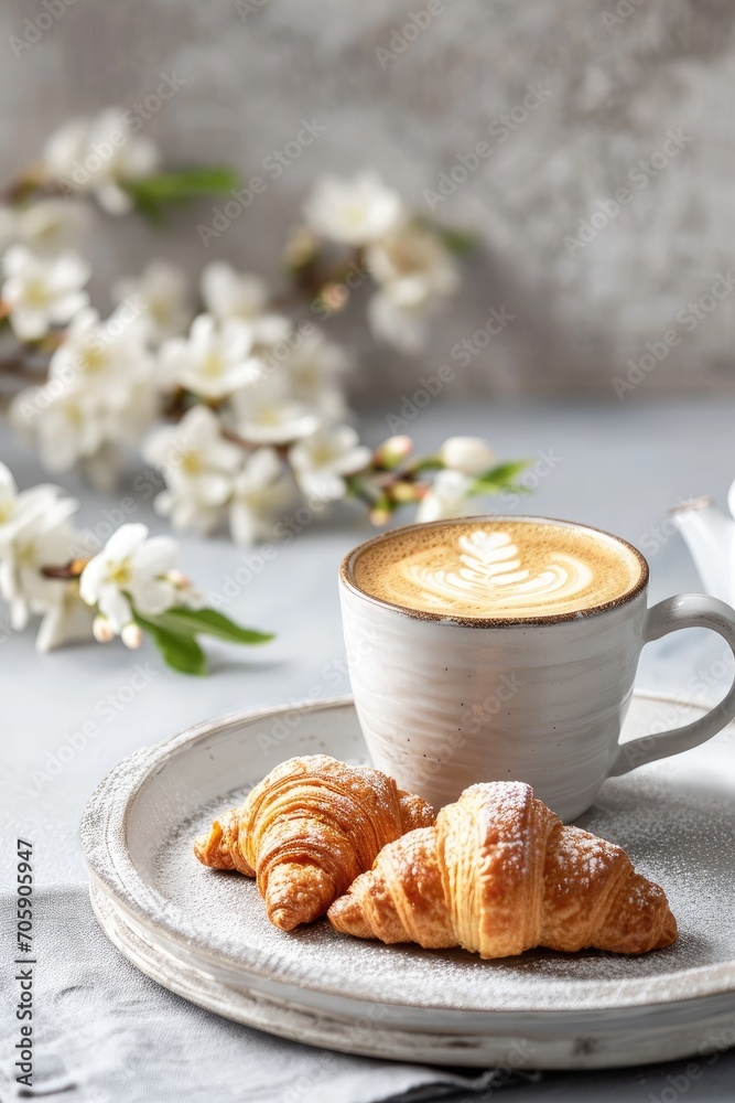 Cappuccino with latte art and dusted croissants on a ceramic plate with white blossoms. Food photography. Spring breakfast concept. Design for menu, magazine, poster. Springtime composition copy space Cappuccino with latte art and dusted croissants on a ceramic plate with white blossoms. Food photography. Spring breakfast concept. Design for menu, magazine, poster. Springtime composition copy space