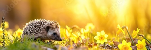 Hedgehog in a field of daffodils during sunset. Panoramic wildlife photography. Springtime and spring warmth concept. Design for banner, header. Wide shot with copy space.