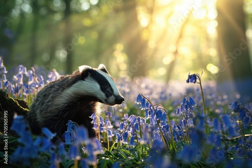 Badger walking through bluebell woods at sunrise. Wildlife photography. Nature and exploration concept. Design for banner, poster, wallpaper. Springtime composition with copy space. Spring beauty photo