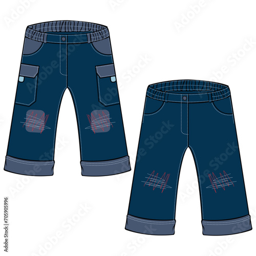 short paddle technical drawing. Simple casual men's and boys' shorts with button closure fashion flat sketch vector illustration.