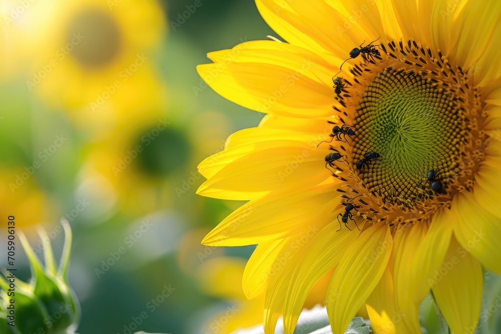 Naklejka premium Sunflower with bees in summer sunlight. Nature photography with pollination. Agriculture and summer bloom concept. Design for poster, banner, greeting card. Close-up shot with copy space.