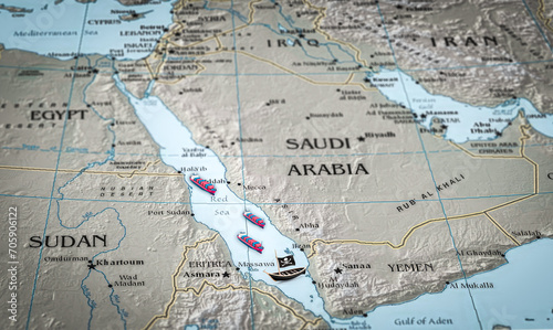 The Red Sea Region with cargo and pirate ships. Suitable for concepts as red sea conflict, rise of tension between the USA and Iran,Houthi Attacks and Military Escalation