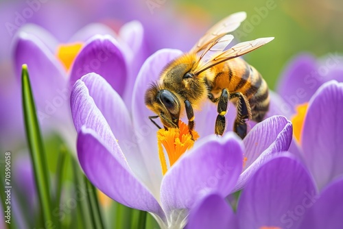 Honeybee collecting pollen from purple crocus flowers. Macro nature photography of pollination. Springtime bloom and ecosystem concept. Design for educational content, poster, banner. Close-up shot 