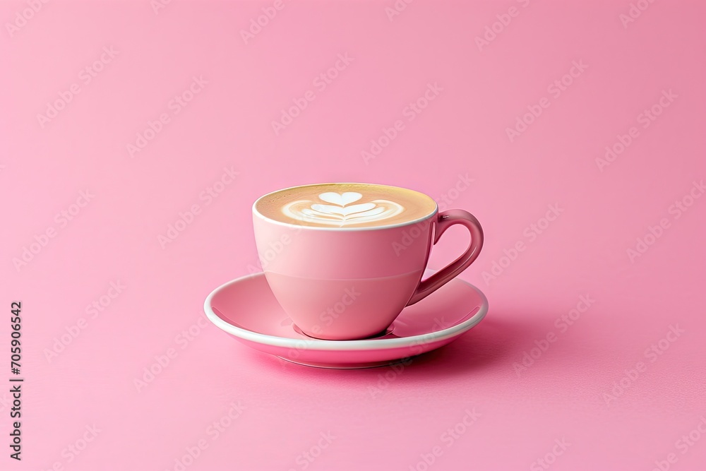 Cup of cappuccino coffee on pastel pink background. Minimalistic concept. Simple design for banner, poster with copy space. Mock-up, template Cup of cappuccino coffee on pastel pink background. Minimalistic concept. Simple design for banner, poster with copy space. Mock-up, template