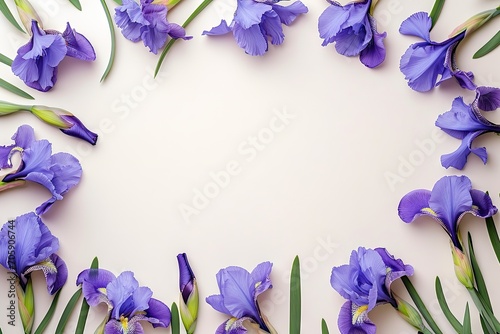 Frame of purple iris flowers on white background. Greeting card mockup. Floral background for Mother's day, birthday, wedding, or spring holiday. Copy space, flat lay