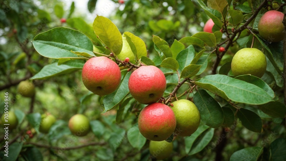 Delicious Fresh Fruit on a Green Guava Tree Branch in an Orchard Delicious Fresh Fruit on a Green Guava Tree Branch in an Orchard