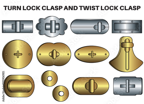 Turn lock clasp closure and twist lock clasp buckles flat sketch vector illustration, set of twist lock clasp for bag, purse and handbag lock, closures buckles cad drawing template photo