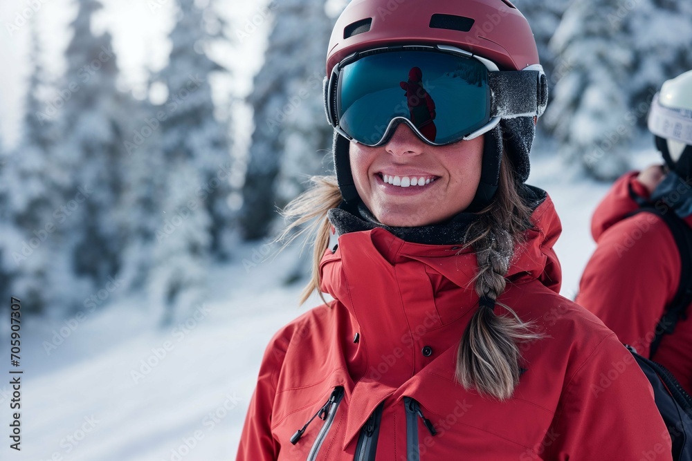 High-end ski jacket advertisement featuring athletic models at Whistler Ski Resort, British Columbia, in a sunny scene with fresh snow High-end ski jacket advertisement featuring athletic models at Whistler Ski Resort, British Columbia, in a sunny scene with fresh snow