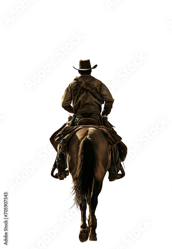 Young historical old western cowboy riding his brown horse. Bandit or Sheriff. Back view. Full view. Rear View. Riding away. Cowboy hat. Leather worn and dusty wear. 