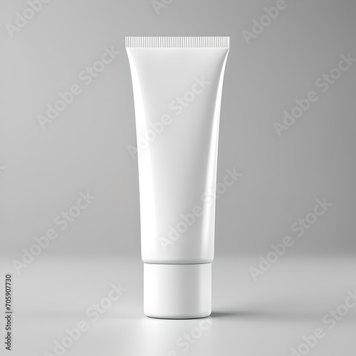 white unprinted tube for shampoo or hand creams on a neutral gray background - template for logos or lettering photo