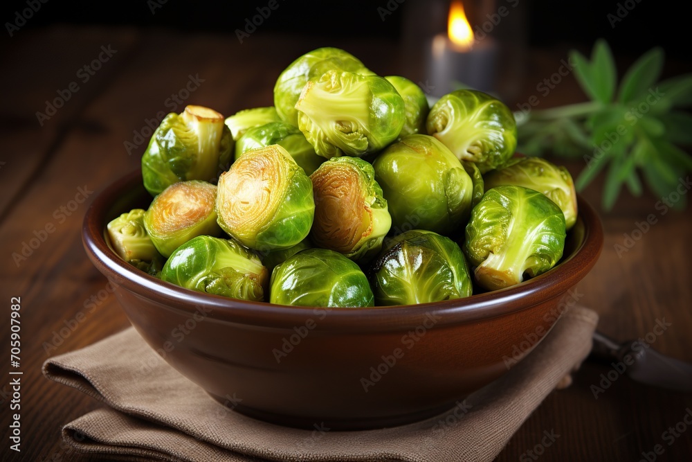 Fried brussels sprout vegetable in plate on wooden background Fried brussels sprout vegetable in plate on wooden background