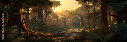 Prehistoric  forest landscape. Jurassic wood background. © Bilas AI