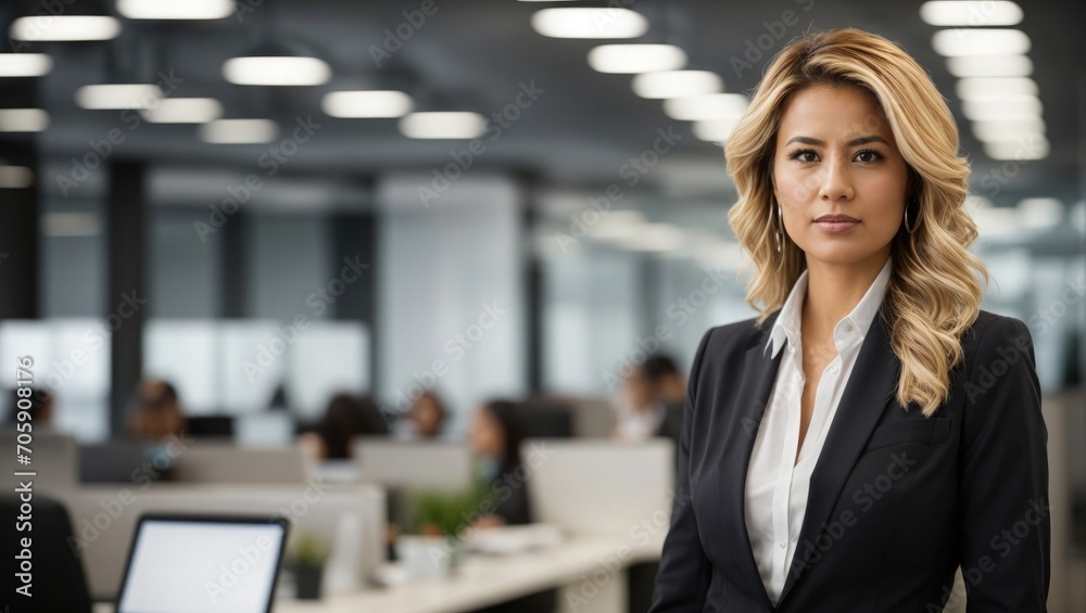 Female Businesswoman Standing in Office, Using Technology and Communicating Female Businesswoman Standing in Office, Using Technology and Communicating