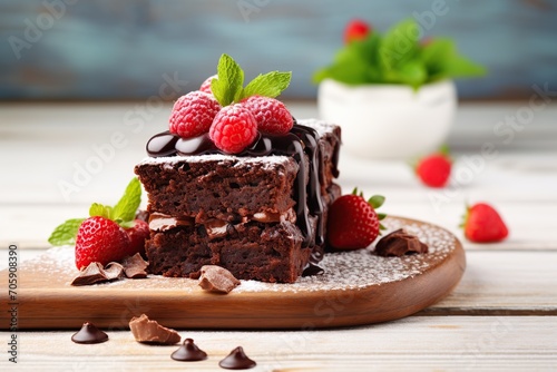 Chocolate brownie with berries on wooden background