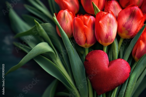 Red heart and bouquet of tulips. Generative AI