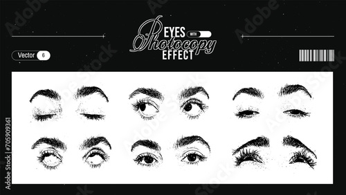 Grunge grain eyes with a xerox or photocopy effect in an anti-design style. Set of different elements for graphic design. Vector illustration.