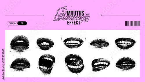 Grunge grain mouths with a xerox or photocopy effect in an anti-design style. Set of different elements for graphic design. Vector illustration.