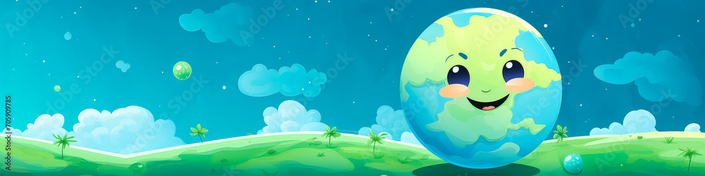 Banner Cartoon planet earth smiling. On a blue background in the clouds. World environment day and Eco-friendly concept. Save the world illustration. Earth day post greeting. Free space for text, Copy Banner Cartoon planet earth smiling. On a blue background in the clouds. World environment day and Eco-friendly concept. Save the world illustration. Earth day post greeting. Free space for text, Copy
