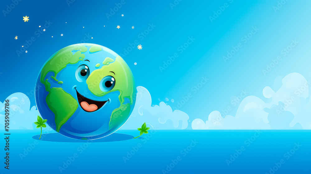 Naklejka premium Cartoon planet earth smiling. On a blue background in the clouds. World environment day and Eco-friendly concept. Save the world illustration. Earth day post greeting. Free space for text, Copy Space