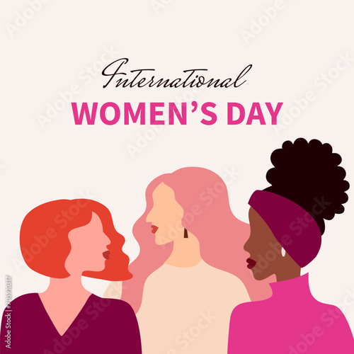 International Women's Day flyer. Banner for March 8 sale with floral decor and group of female character. Flat vector illustration. 
