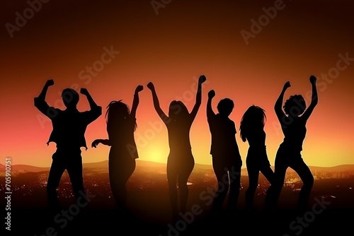 Silhouette of Young happy people are dancing in club. Nightlife and disco concept
