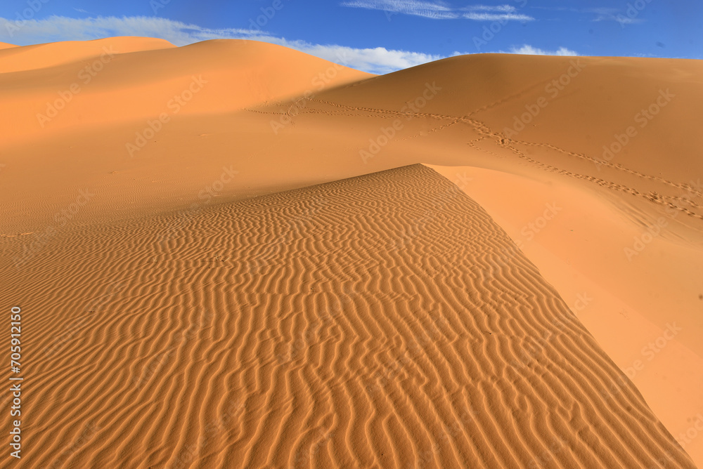 SAHARA DESERT IN ALGERIA. SAND DUNES AND ROCK FORMATIONS AROUND THE