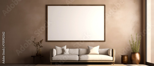 Minimal beige interior mockup with empty frame for text. Contemporary apartment scene, room with furniture. Sunlight and shadow effect. Template for banner. Generative ai © Inai