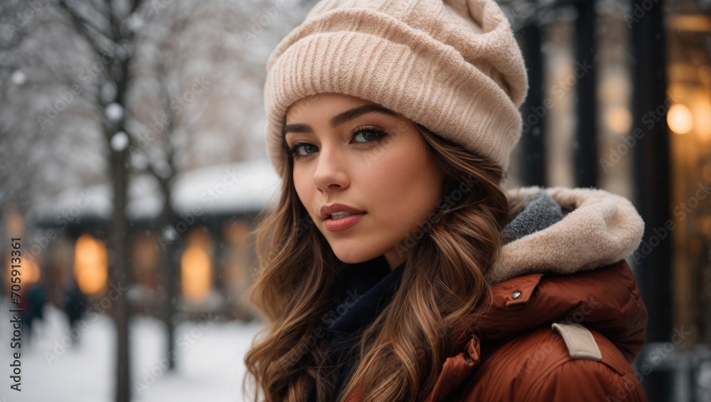 Young Woman Wearing Winter Clothing in Snowy City Young Woman Wearing Winter Clothing in Snowy City