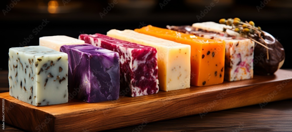 Natural soap bars in various shapes, colors, and scents. Handmade natural soap. Horizontal photo for banners, posters, gift cards, advertising. Natural soap bars in various shapes, colors, and scents. Handmade natural soap. Horizontal photo for banners, posters, gift cards, advertising.