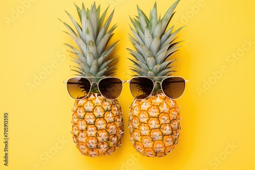 Ripe pineapples with sunglasses on yellow background