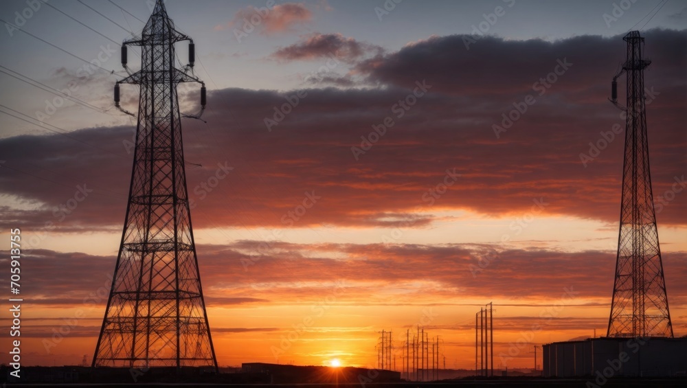 Dramatic Cityscape at Sunset with Silhouette of Electricity Pylon and Transmission Tower