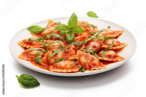 Italian ravioli pasta with tomato sauce on white background