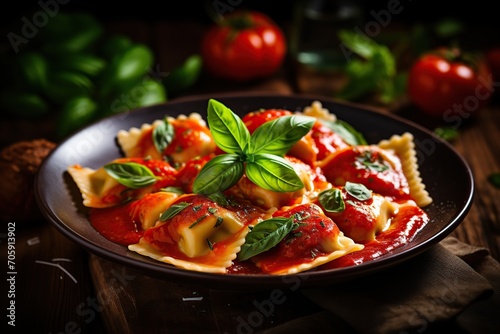 Italian ravioli pasta with tomato sauce on wooden background photo